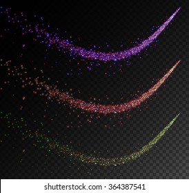 Set of Sparkling Falling Stars with Stardust Trails. Colorful Cosmic Glittering Abstract Wave for Trendy Design.