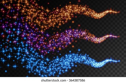 Set of Sparkling Falling Stars with Stardust Trails. Colorful Cosmic Glittering Abstract Wave for Trendy Design.