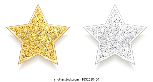 set of sparkling gold and silver stars on a white background