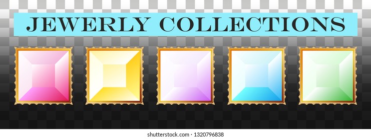 A set of sparkling jewelry for patterns and design. Jewels gems. Jewelry gemstone isolated vector illustration set.Square jewels in gold. Picture. Eps10 Vector