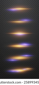 Set of sparkling light effects, horizontal rays and glare. On a transparent background.