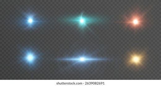 A set of sparkling light lens flares and bright stars on a transparent background. Suitable for lens flares, glow effects and magical overlays.