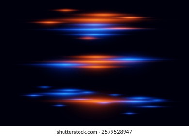 Set of sparkling lines, laser beam, light effect. On a black background.