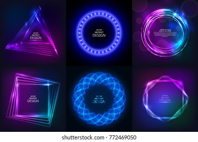 Set of sparkling neon banners. Multi-colored bright frames. Disco style. Shining geometrical figures. Design elements. Abstract backgrounds. Vector illustrations.