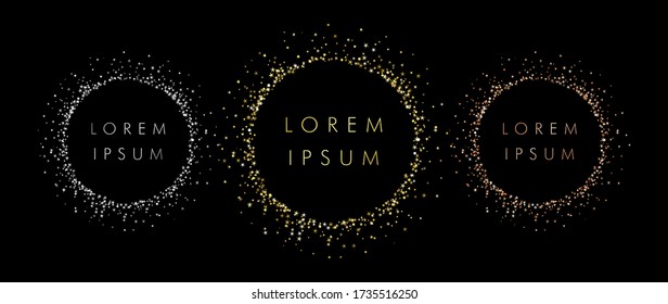 Set of sparkling rings with dust glitter, dark background. Medal elements. Glorious decorative glowing shiny circles. Discount signs. Letter O logo concept. Isolated abstract graphic design template.
