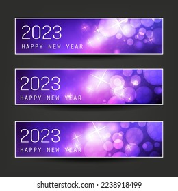 Set of Sparkling Shimmering Ice Cold Purple Horizontal Christmas, Happy New Year Headers or Banners for Web, Vector Design Template - 2023