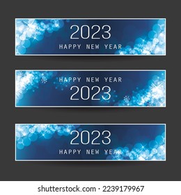 Set of Sparkling Shimmering Ice Cold Dark Blue Horizontal Christmas, Happy New Year Headers or Banners for Web, Vector Design Template - 2023