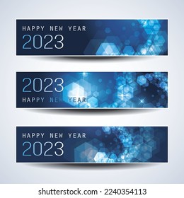 Juego de brillantes y brillantes Navidades horizontales de hielo azul frío, titulares de Año Nuevo feliz o pancartas para la Web, plantilla de diseño de vectores - 2023