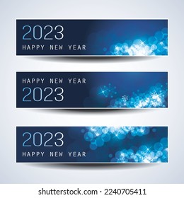 Set of Sparkling Shimmering Ice Cold Blue Horizontal Christmas, Happy New Year Headers or Banners for Web, Vector Design Template - 2023