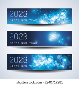 Set of Sparkling Shimmering Ice Cold Blue Horizontal Christmas, Happy New Year Headers or Banners for Web, Vector Design Template - 2023