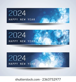 Set of Sparkling Shimmering Ice Cold Blue Horizontal Christmas, Happy New Year Headers or Banners for Web, Vector Design Template - 2024