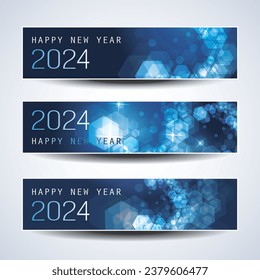 Set of Sparkling Shimmering Ice Cold Blue Horizontal Christmas, Happy New Year Headers or Banners for Web, Vector Design Template - 2024