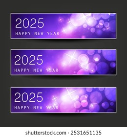 Set of Sparkling Shimmering Ice Cold Purple Horizontal Christmas, Happy New Year Headers or Banners for Web, Vector Design Template - 2025