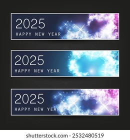 Conjunto de brillantes Navidades Horizontales de color azul oscuro y púrpura, encabezados o Anuncios de feliz año Nuevo para el Web, Plantilla de diseño de Vector con Copyspace - 2025