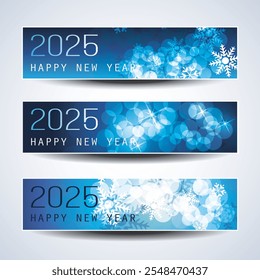 Set of Sparkling Shimmering Ice Cold Blue Horizontal Christmas, Happy New Year with Bubbles and Snowflakes Pattern - Headers or Banners for Web, Vector Design Template - 2025
