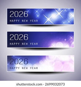 Conjunto de cintilante gelo cintilante azul frio e roxo horizontal Natal, Feliz Ano Novo Cabeçalhos ou Banners para Web, Modelo de Design Vetor com Copyspace - 2026