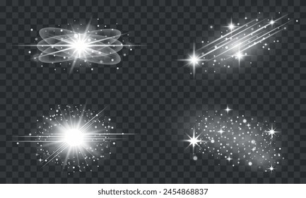 Set von funkelnden weißen Sternen, Lichteffekt, Sternenlicht, Kollektion glühende Bokeh, Schimmereffekt, Silberstaub, Explosion, Vektorillustration