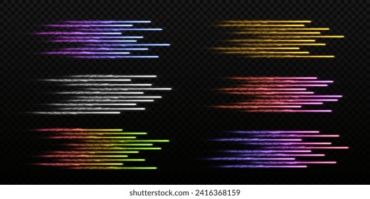 Set of sparkling speed lines. Glowing lines of trail. Motion high speed lines effect.