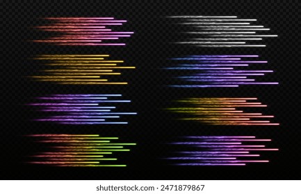 Set of sparkling speed lines. Motion high speed lines effect. Glowing lines of trail. Sparkling cosmic lines effect.