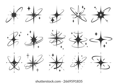 Set of sparkling starburst elements in various styles. Star burst, flash stars. Shining lights, glowing rays and flare effect