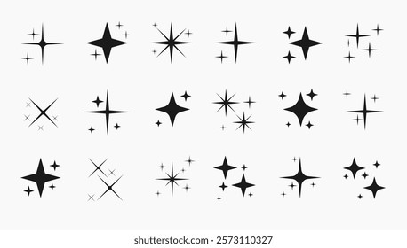 
Set of sparkling stars in 18 different shapes. Collection of sparkling star icon. Shining star icons. Space elements vector illustration.  