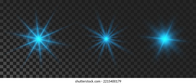 Set of sparkling stars. Blue glowing flickering and flashing lights on dark transparent background. Vector explosions with rays and flare effect