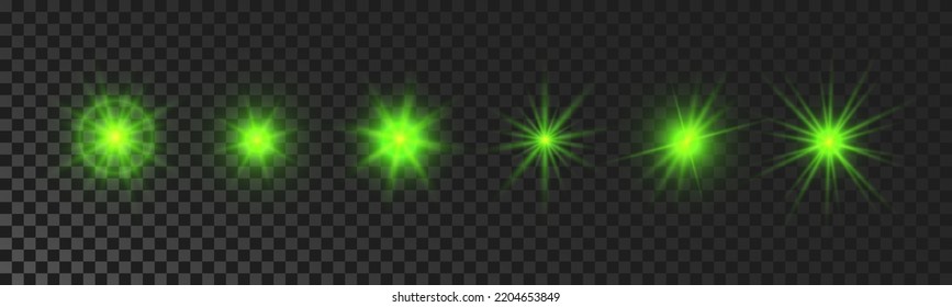 Set of sparkling stars. Green glowing flickering and flashing lights on dark transparent background. Vector explosions with rays and flare effect