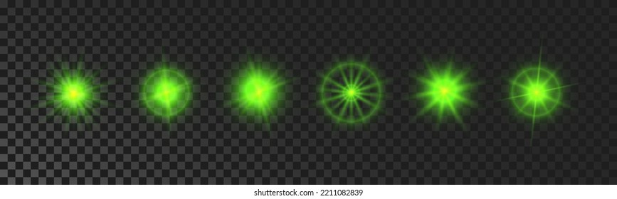 Set of sparkling stars. Green glowing flickering and flashing lights on dark transparent background. Vector explosions with rays and flare effect