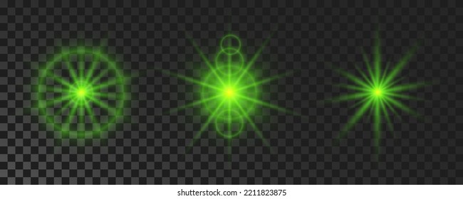 Set of sparkling stars. Green glowing flickering and flashing lights on dark transparent background. Vector explosions with rays and flare effect