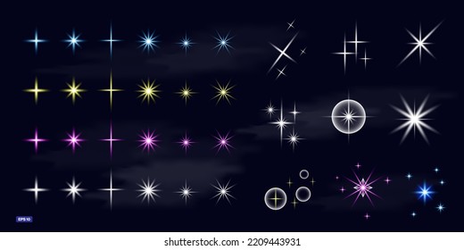 Set of sparkling stars on sky blue background, sparkle, flash, new year, element design, cloud, eps 10