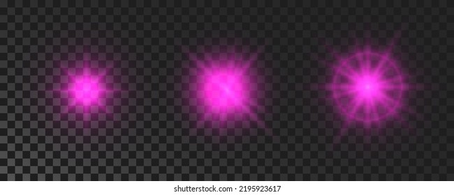 Set of sparkling stars. Purple glowing flickering and flashing lights on dark transparent background. Vector explosions with rays and flare effect