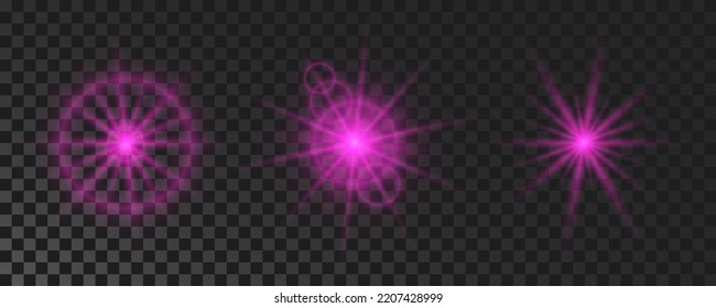 Set of sparkling stars. Purple glowing flickering and flashing lights on dark transparent background. Vector explosions with rays and flare effect