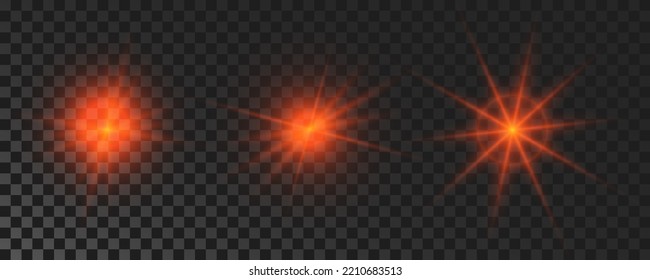 Set of sparkling stars. Red glowing flickering and flashing lights on dark transparent background. Vector explosions with rays and flare effect