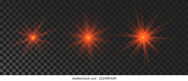 Set of sparkling stars. Red glowing flickering and flashing lights on dark transparent background. Vector explosions with rays and flare effect