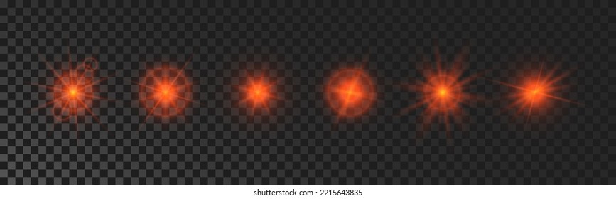 Set of sparkling stars. Red glowing flickering and flashing lights on dark transparent background. Vector explosions with rays and flare effect