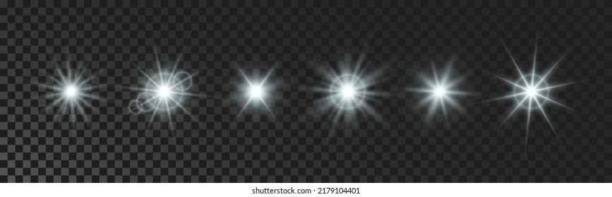 Conjunto de estrellas brillantes. Luces intermitentes y parpadeantes blancas en un fondo transparente oscuro. Explosiones vectoriales con efecto de rayos y bengalas