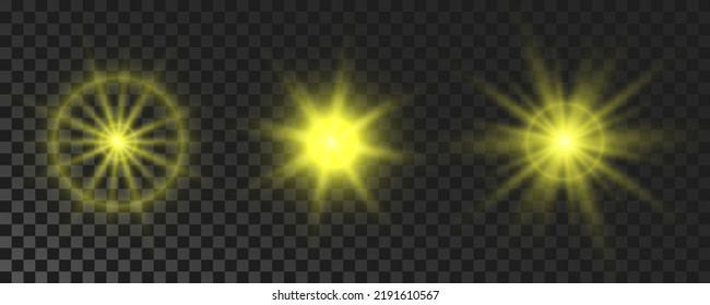 Set of sparkling stars. Yellow glowing flickering and flashing lights on dark transparent background. Vector explosions with rays and flare effect