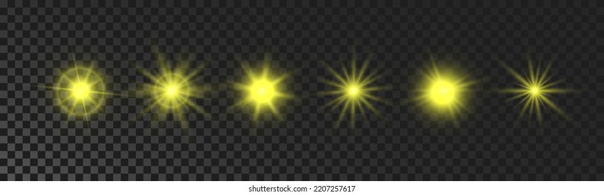 Set of sparkling stars. Yellow glowing flickering and flashing lights on dark transparent background. Vector explosions with rays and flare effect