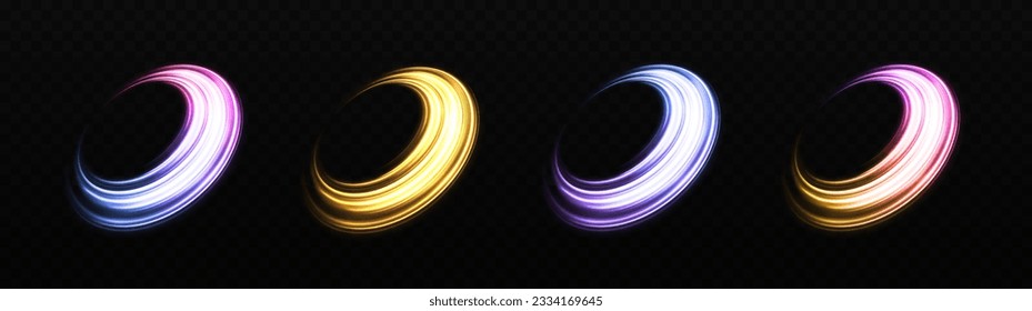 Set of sparkling swirl effect. Shiny color rings. Magic spinning circle with light effect. Cosmic curve trails.