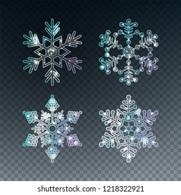 Set of sparkling transparent ice crystal snowflakes