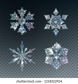 Set of sparkling transparent ice crystal snowflakes