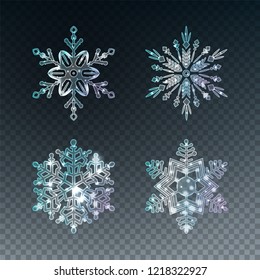 Conjunto de copos de nieve brillantes y transparentes de cristal