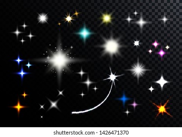 Set of Sparkling and Twinkling Stars. Vector Shiny Iridescent Light Beams. Transparent Bright Flash.