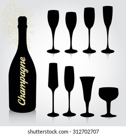 Set of sparkling wine glasses silhouettes with reflection. Modern and vintage style. Icon vector