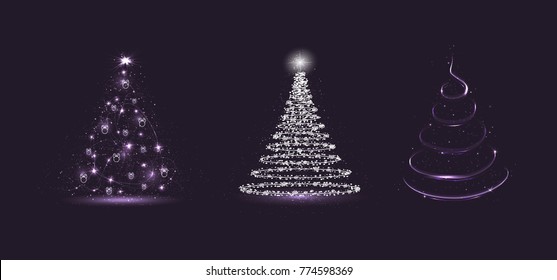 Set of sparkly christmas tree on dark background. Vector illustration.
