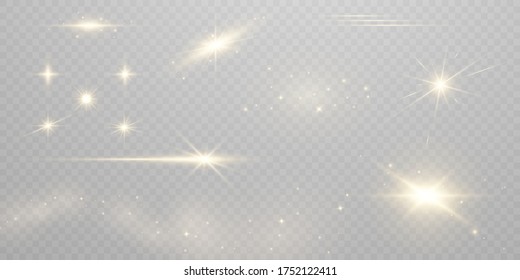 Set sparks glitter special light effect Glowing. Isolated on black transparent background.