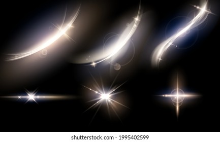 Set sparks glitter special light effect Glowing. Isolated on black transparent background.