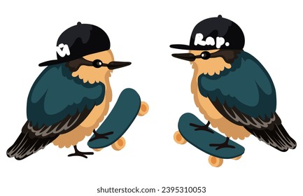 Set of sparrows or birds in caps. A fashionable bird on a skateboard. Vector illustration of an isolated bird with a cap and a skateboard, standing, riding on a white background. A sporting bird