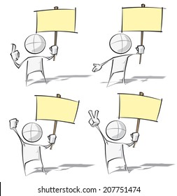 Set of sparse vector illustration of a generic cartoon character holding a placard.