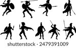 A set of Spartan or Trojan ancient Greek hoplite warrior silhouettes. Could also be Roman gladiators.